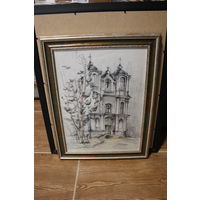 Авторская работа "Храм" размер по подрамнику 30Х40, размер по раме 43Х37, картон, бумага, карандаш, оформлена в раму
