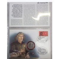 Серебро 5 марок"Коперник",конверт,марка(конверт и марка первого дня гашения)