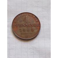 4 пфеннига (1/90 талера) 1868 года в отличном состоянии!!!