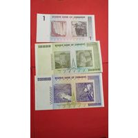 3 шт. Зимбабве. Доллары. 1-10 000 000-10 000 000 000 000. 2007-2008. С рубля. (22).