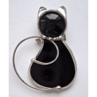 Крупная брошь. Кот. Металл, вставки черное стекло