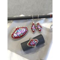 Серьги, брошь и кольцо скань, цветочная красная финифть, винтаж, СССР, мельхиор