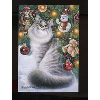 Открытка. Фауна. Животные. Кот. Коты. Котики. Зима. Ёлочка. С новым годом! Игрушки на елку. Худ. Т.Хазова (чистая)