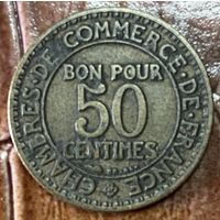 Монета Франция 50 сентим 1923 год.