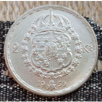 Швеция 2 кроны 1950 года, AU. Густав V. Герб. Серебро. Сторгуй за свою цену, предложи обмен!