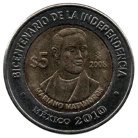 МЕКСИКАНСКИЕ СОЕДИНЁННЫЕ ШТАТЫ. 5 ПЕСО 2008. Мариано Матаморос. Двухсотлетие независимости. БИМЕТАЛЛ