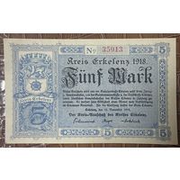 Банкнота 5 марок 1918 год. Эркеленц Веймарская республика.