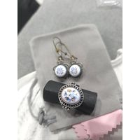 Серьги с кольцом скань, финифть, винтаж, СССР, мельхиор латунь