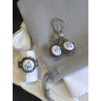 Серьги с кольцом скань, финифть, винтаж, СССР, мельхиор латунь