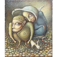 Петрань В. "Двое и белая собачка", 2019г. Холст, масло. Размер 60х50 см.